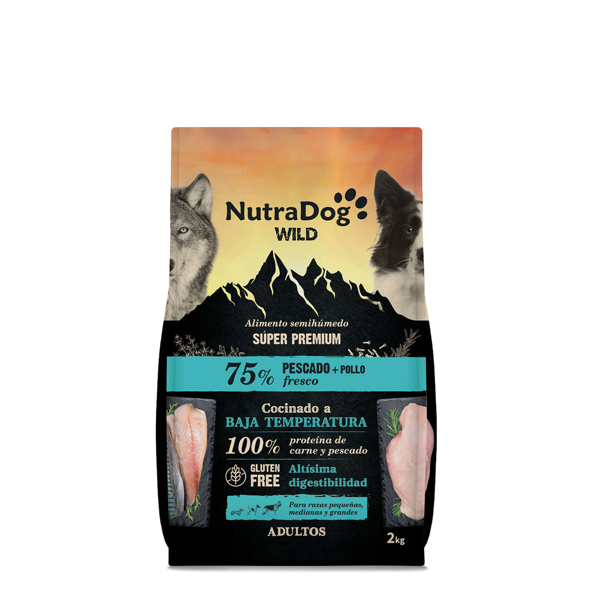 Alimento semihúmedo para perros adultos pescado y pollo 75% NutraDog WILD - NDW0203