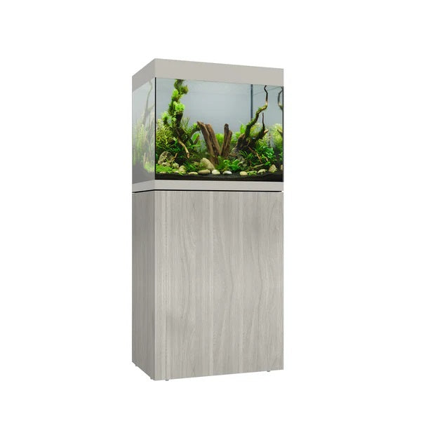 Vista frontal y lateral del acuario con mesa Waterbox Eden 20 en color aspen