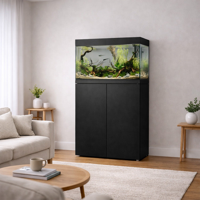 Vistal del acuario con mesa Waterbox Eden X 60 en color negro en una habitación