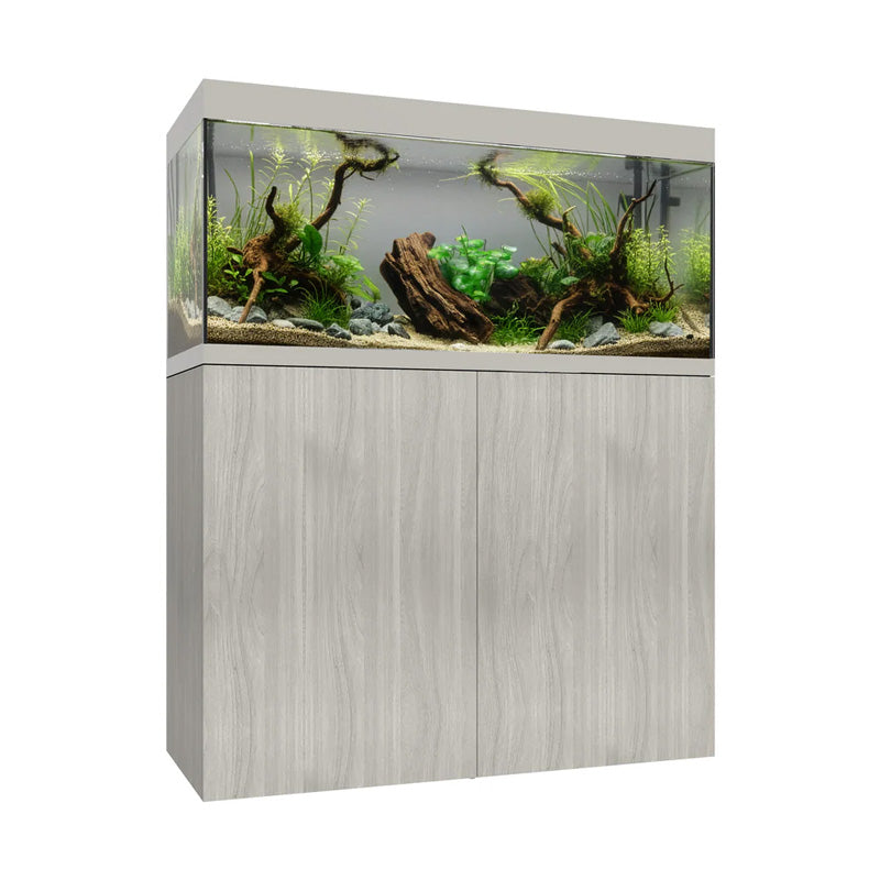 Vista frontal y lateral del acuario con mesa Waterbox Eden X 80 Aspen
