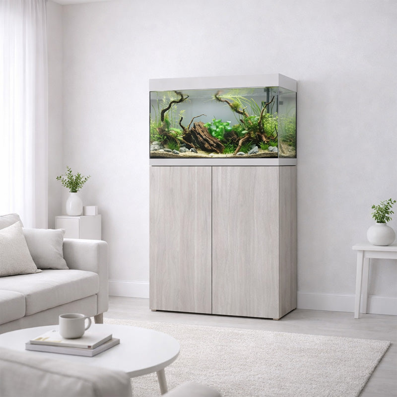 Vista del acuario con mesa Waterbox Eden X 80 en color aspen en habitación