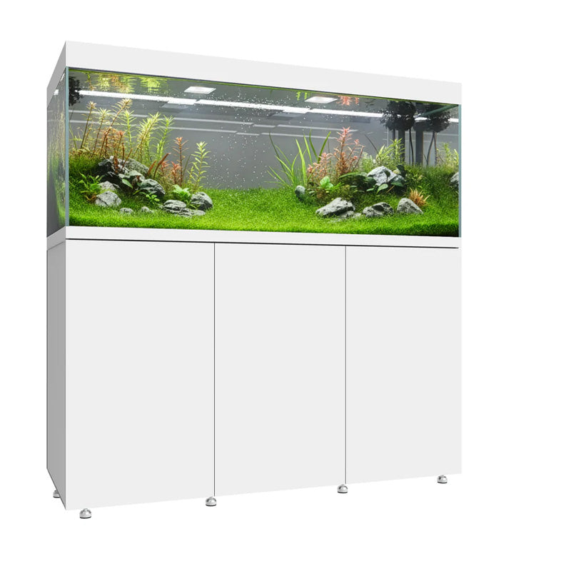 Vista frontal y lateral del acuario con mesa Waterbox Eden X 145 en color blanco
