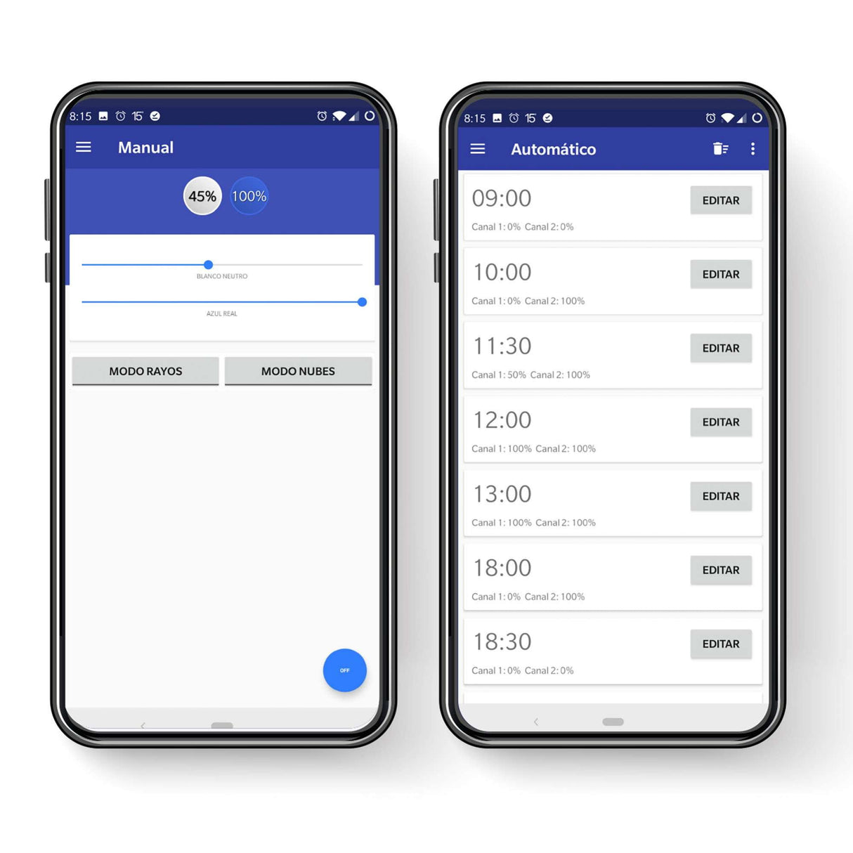 movil con el interior de la app del controlador led aquacontrol