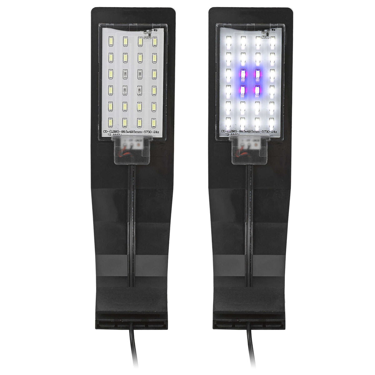 Vista de los leds de la lámpara Aqualed Génesis Curva de luz azul y blanca en color negro.