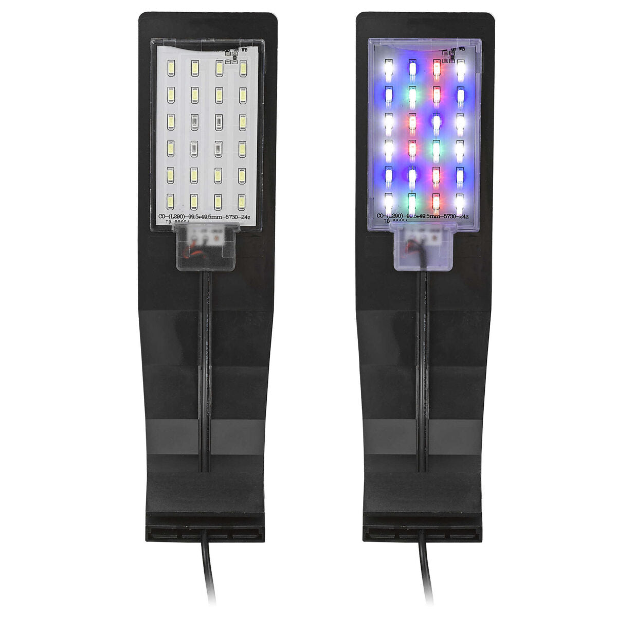 Vista de los leds de la lámpara Aqualed Génesis Curva de luz RGB y blanca en color negro.