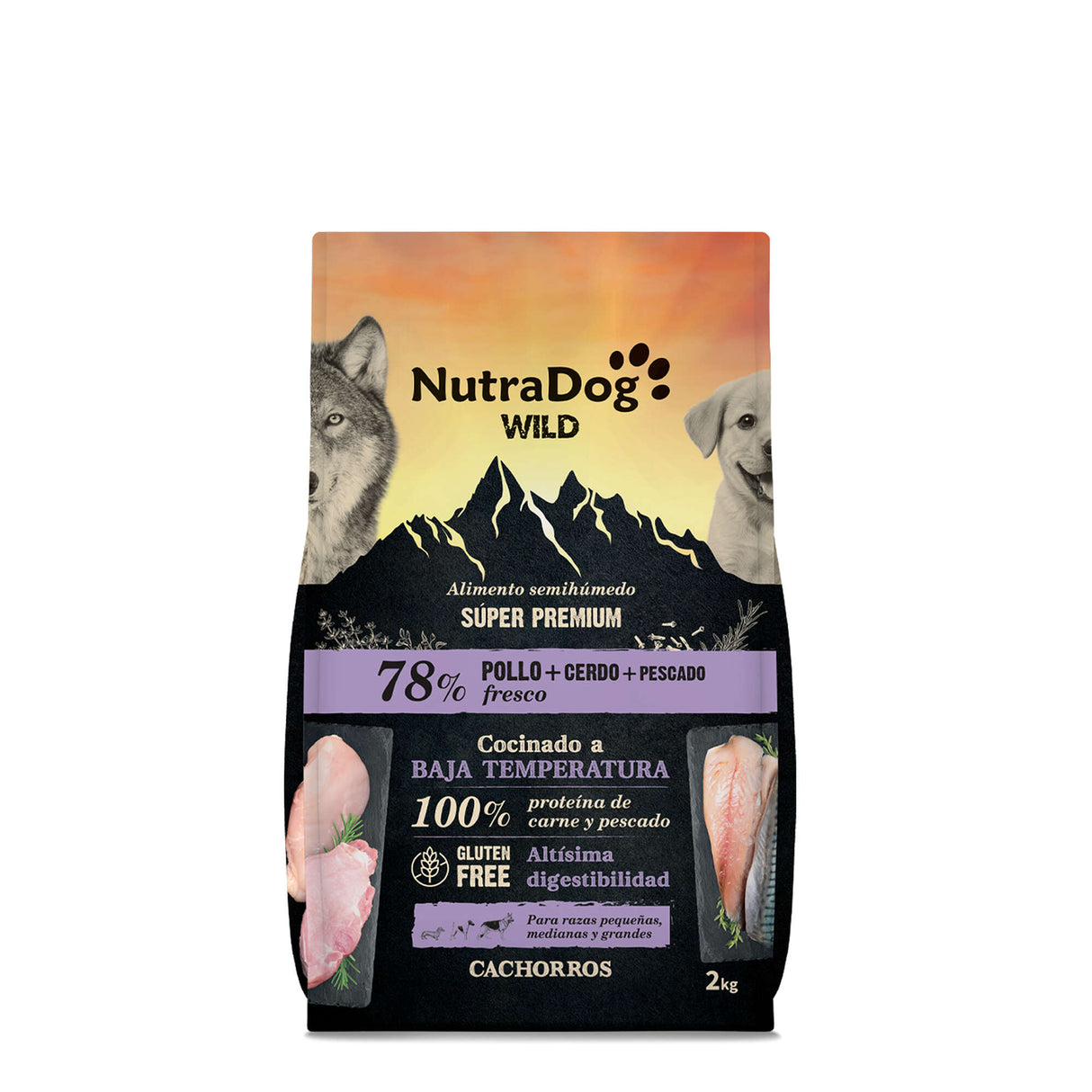 Alimento semihúmedo para cachorros pollo, cerdo y pescado 78% NutraDog WILD - NDW0201