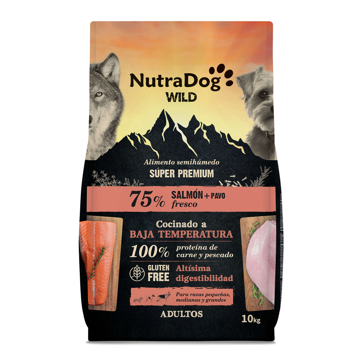 Alimento semihúmedo para perros adultos salmón y pavo 75% NutraDog WILD - NDW1002