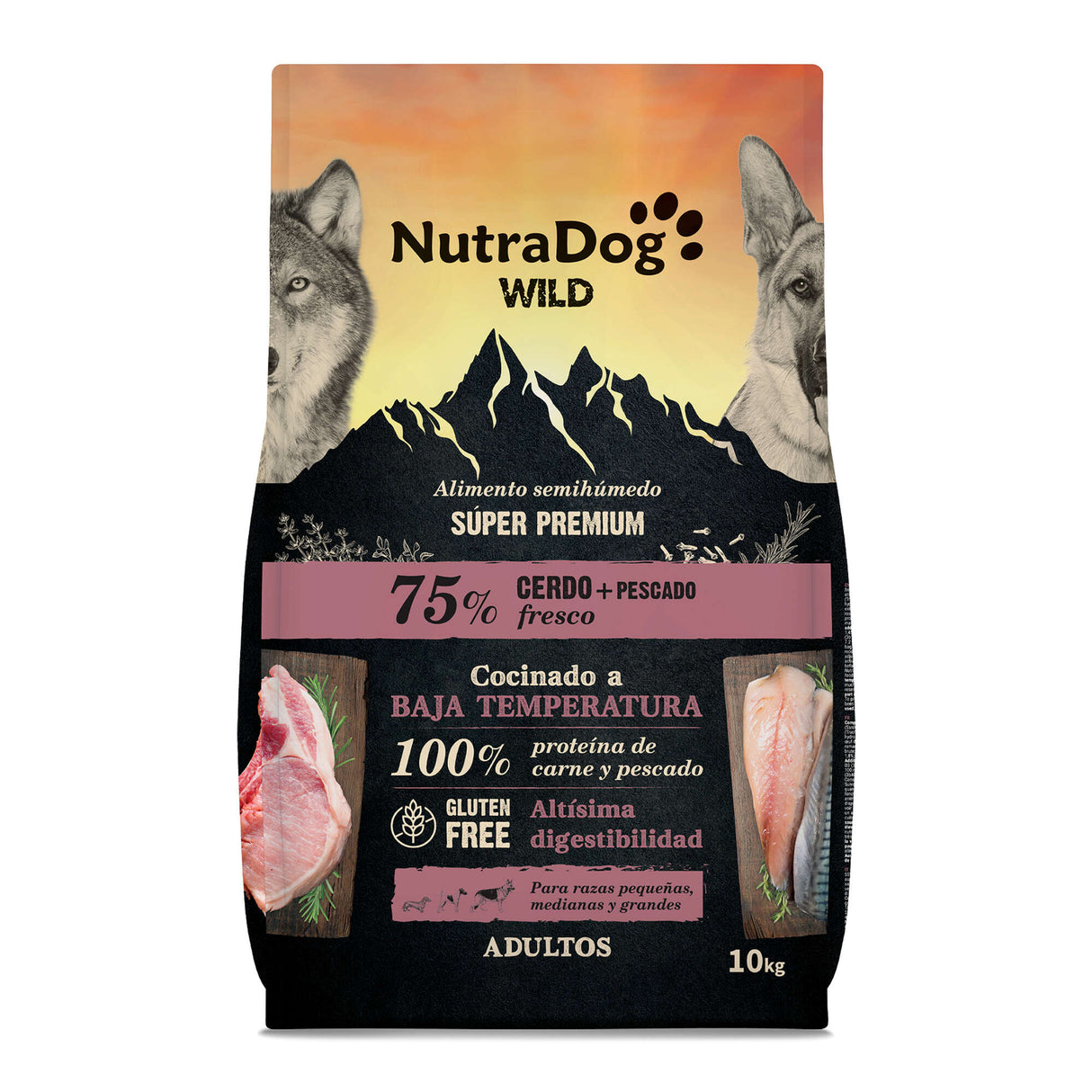 Alimento semihúmedo para perros adultos cerdo y pescado 75% NutraDog WILD - NDW1004