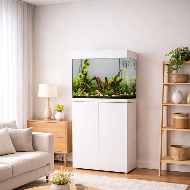 Vista del acuario con mesa Waterbox Eden 20 en color blanco en una habitación