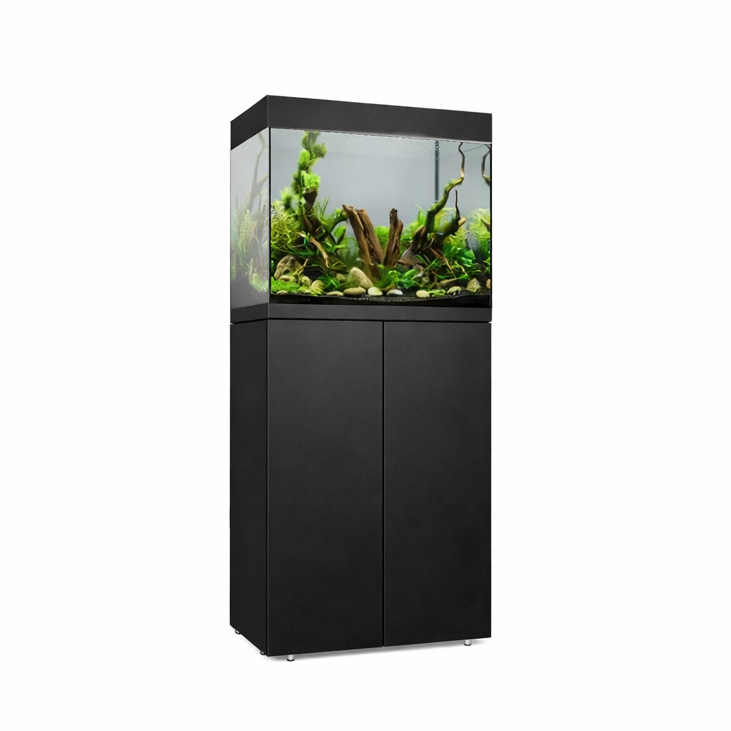 Vista frontal y lateral del acuario con mesa Waterbox Eden 20 en color negro