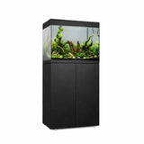 Vista frontal y lateral del acuario con mesa Waterbox Eden 30 en color negro