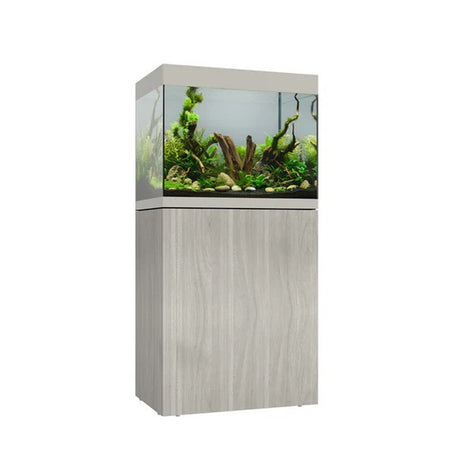 Vista frontal y lateral del acuario con mesa Waterbox Eden 30 en color aspen