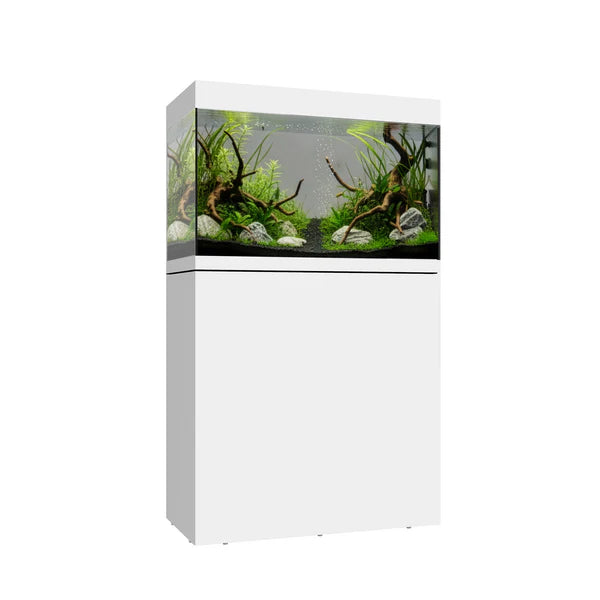 Vista frontal y lateral del acuario con mesa Waterbox Eden 40 en color blanco