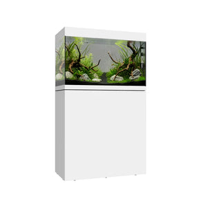 Vista frontal y lateral del acuario con mesa Waterbox Eden 40 en color blanco