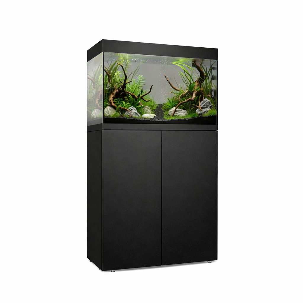 Vista frontal y lateral del acuario con mesa Waterbox Eden 40 en color negro