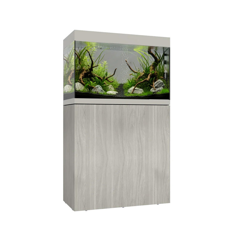 Vista frontal y lateral del acuario con mesa Waterbox Eden 40 en color Aspen
