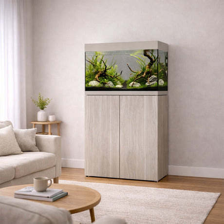 Vista del acuario con mesa Waterbox Eden 40 en color aspen en una habitación