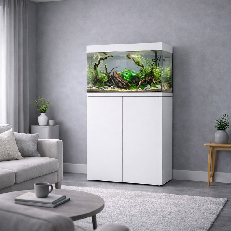Vista del acuario con mesa Waterbox Eden X 80 en color blanco en habitación