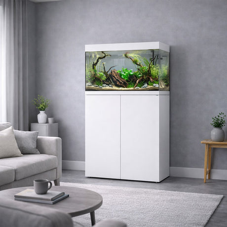 Vista del acuario con mesa Waterbox Eden X 80 en color blanco en habitación