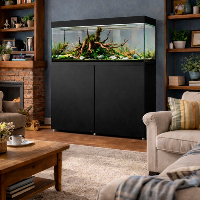 Vista del acuario con mesa Waterbox Eden X 105.4 en color negro en una habitación