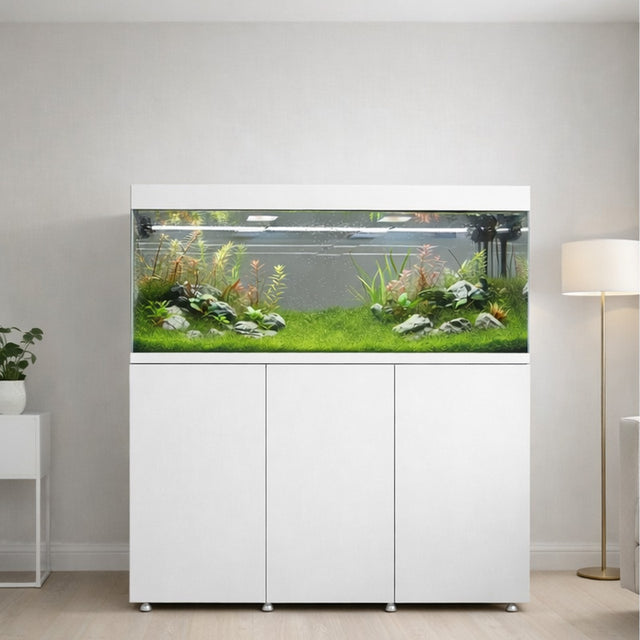 Vista del acuario con mesa Waterbox Eden X 145.4 Blanco en una habitación