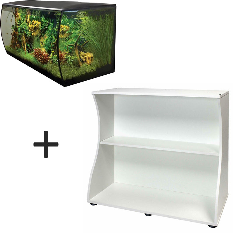 acuario fluval flex de 123 litros de color negro y mueble blanco