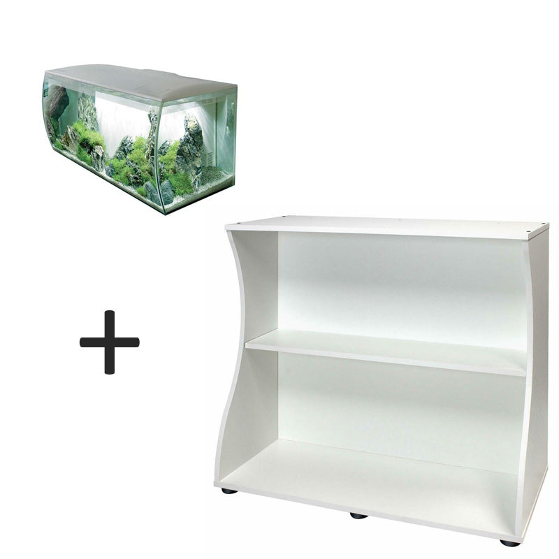 acuario fluval flex de 123 litros de color blanco y mueble blanco