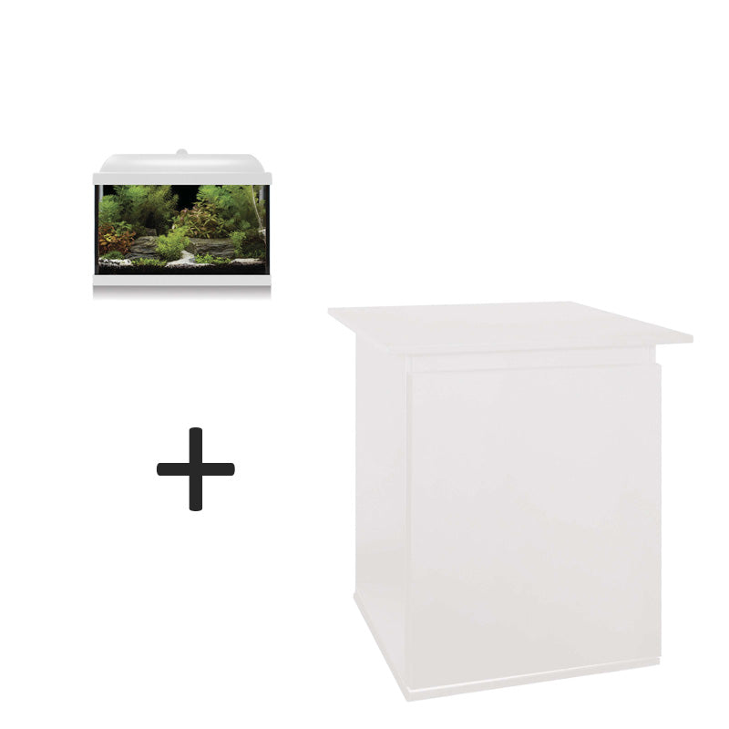 acuario aqua led 25 pro de color blanco y mueble blanco