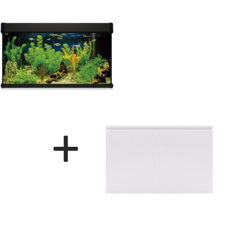 acuario kit aqua lux pro de 300 litros de color negro y mueble blanco