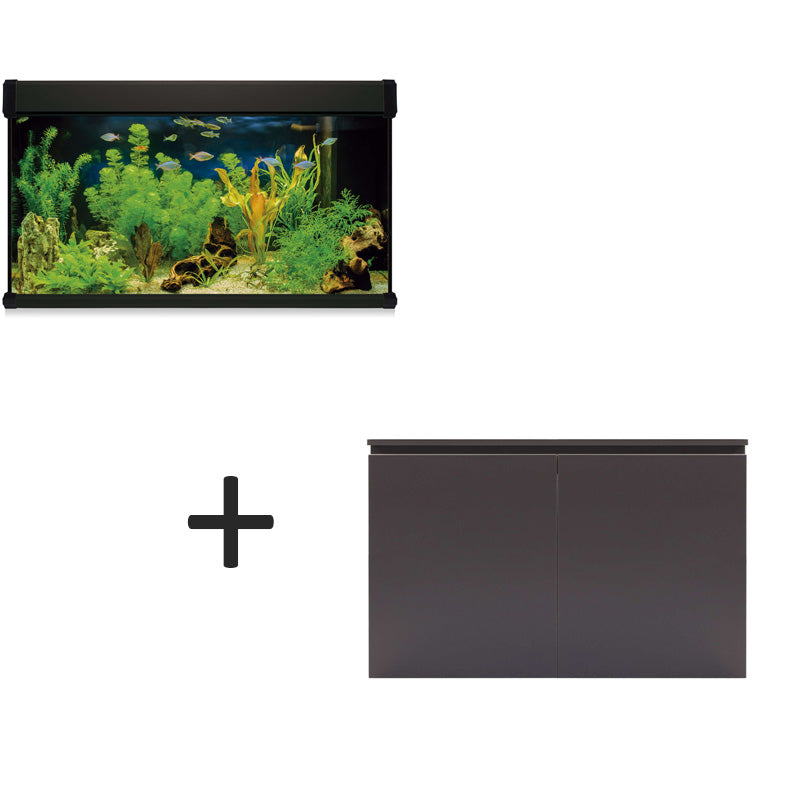 acuario kit aqua lux pro de 300 litros de color negro y mueble negro
