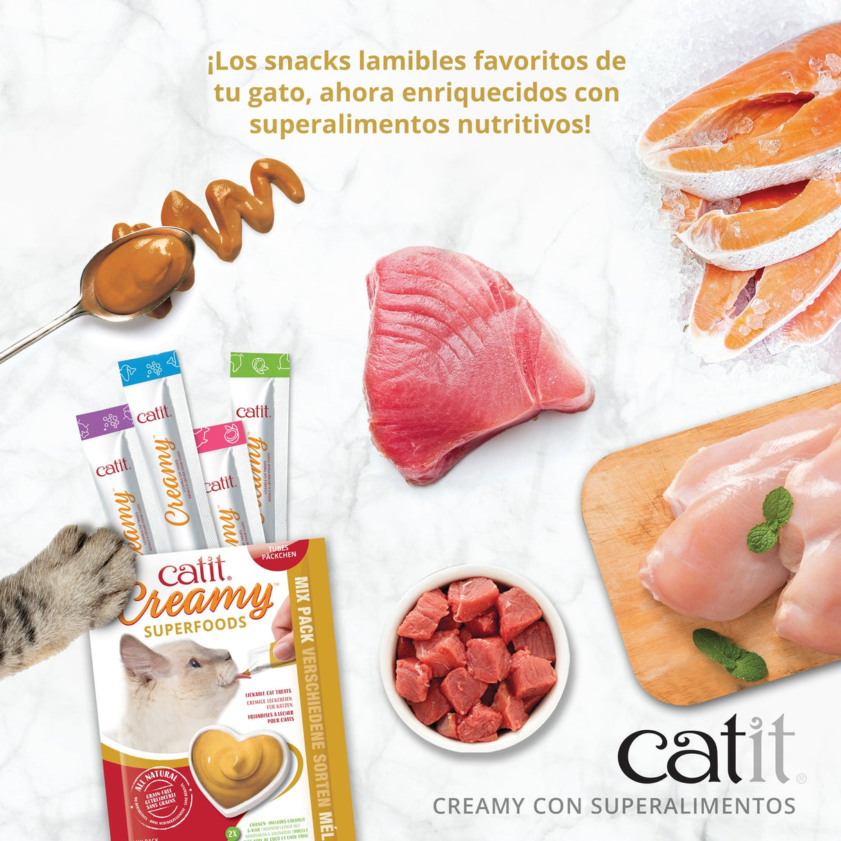 Snack cremoso para gatos Catit Creamy con Superalimentos