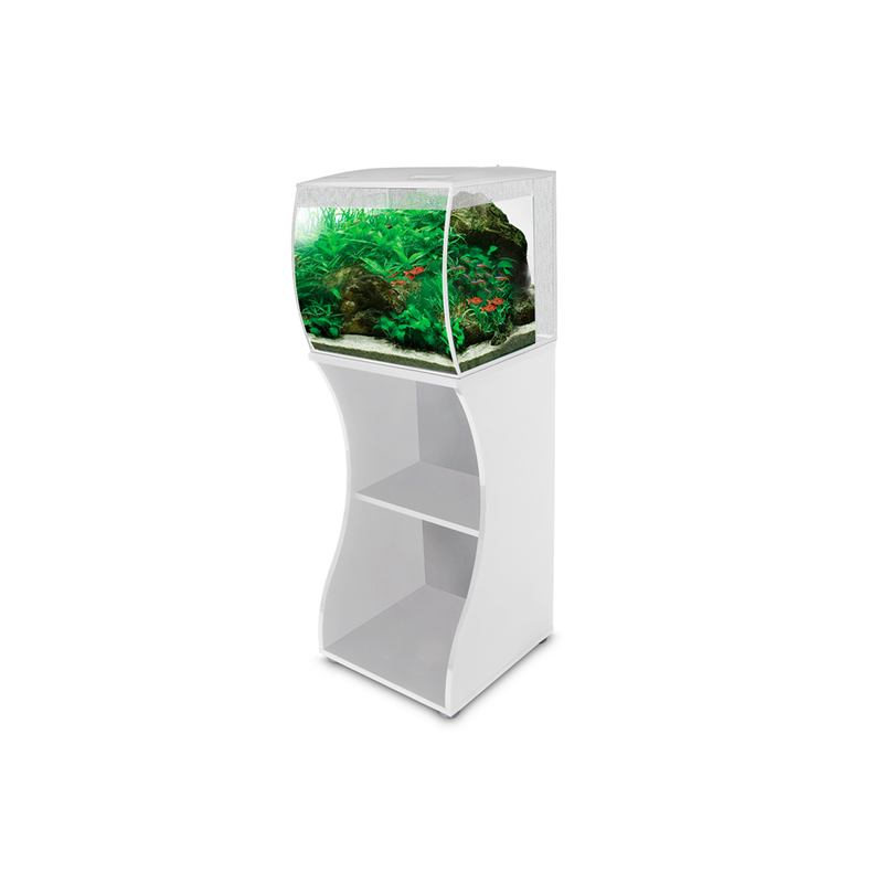 Acuario fluval flex 34-57 litros blanco sobre mesa de color blanco