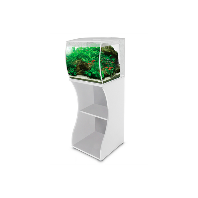 Acuario fluval flex 34-57 litros blanco sobre mesa de color blanco