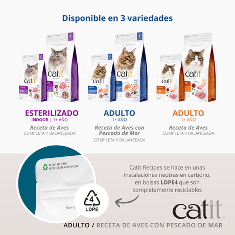 Pienso para gatos con estómago sensible Catit Recipes - Receta de Aves con Pescado de Mar para ADULTO