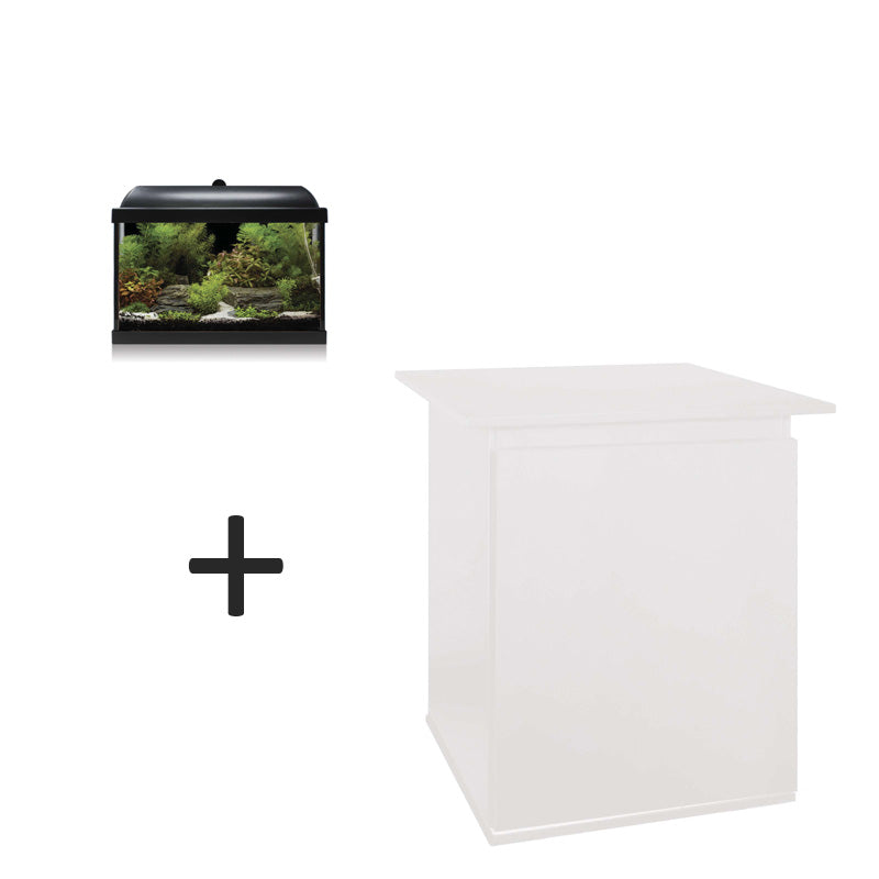 acuario aqua led 25 pro de color negro y mueble blanca