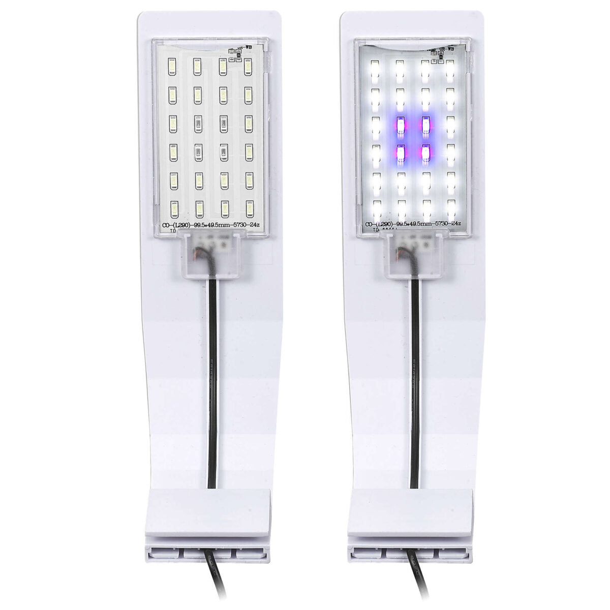 Vista de los leds de la lámpara Aqualed Génesis Curva de luz azul y blanca en color blanco.